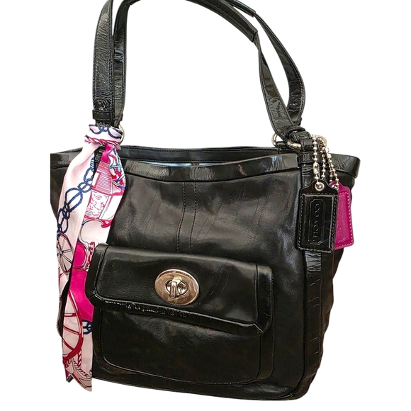 COACH Black Leather with Patent Leather Trim Shoulder Bag with Silver Accents - Picture 12 of 16